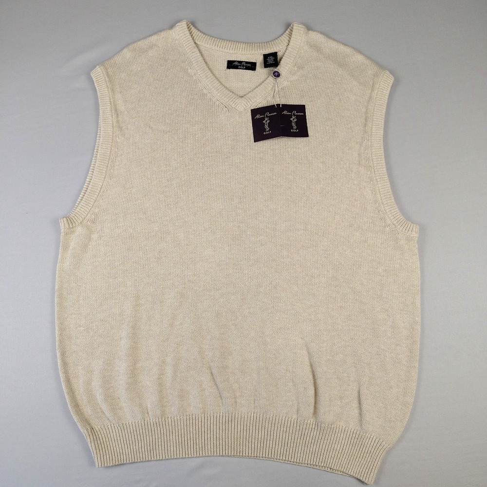 NWT Alan Flusser Mens Cotton Vest Sweater XXL Beige V Neck Academia Preppy Golf